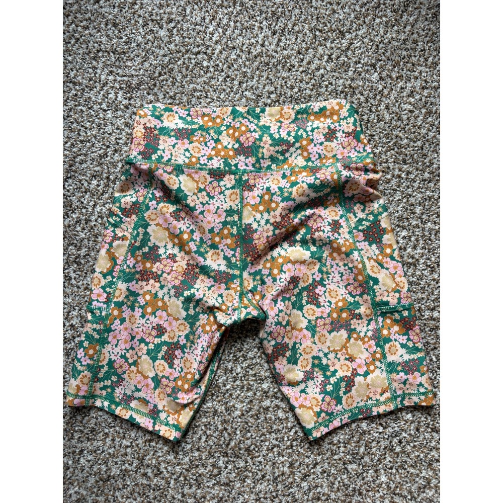 ebb & flow Biker Shorts Medium Green Pink Floral High Waist Pockets Athleisure - Picture 5 of 5